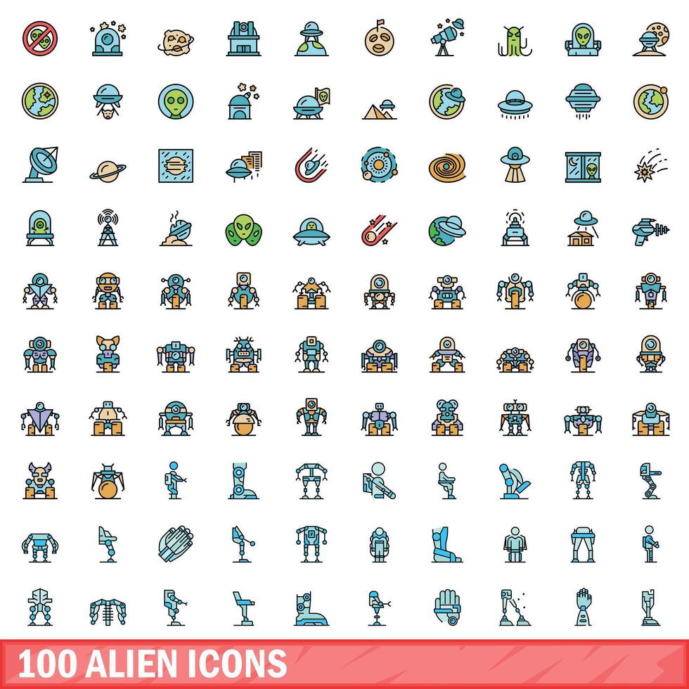 100 alien icons set, color line style vector