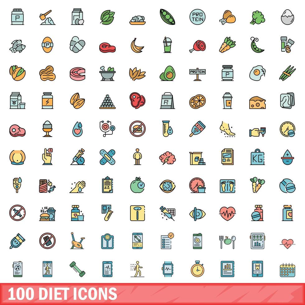 100 dieta íconos colocar, color línea estilo vector