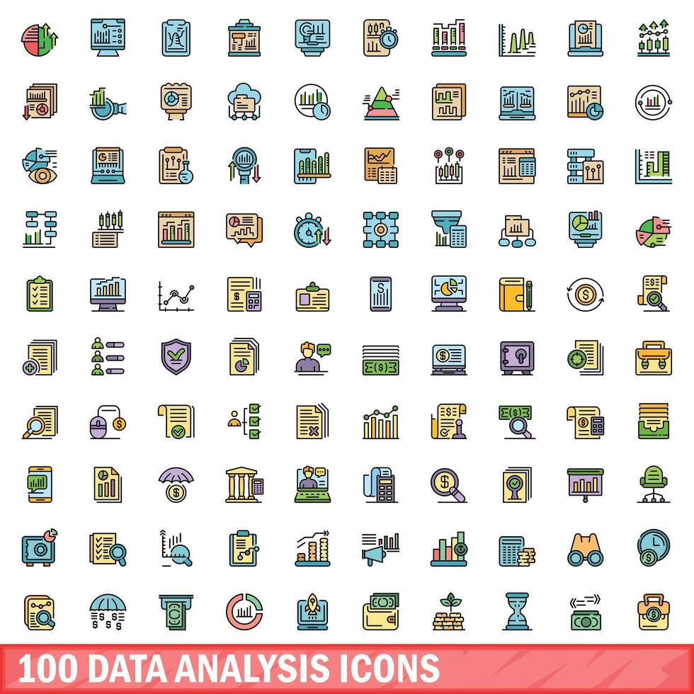 100 datos análisis íconos colocar, color línea estilo vector