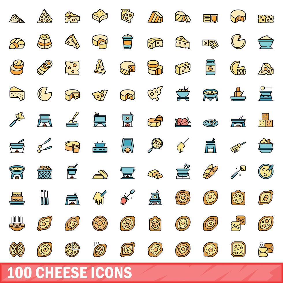 100 queso íconos colocar, color línea estilo vector