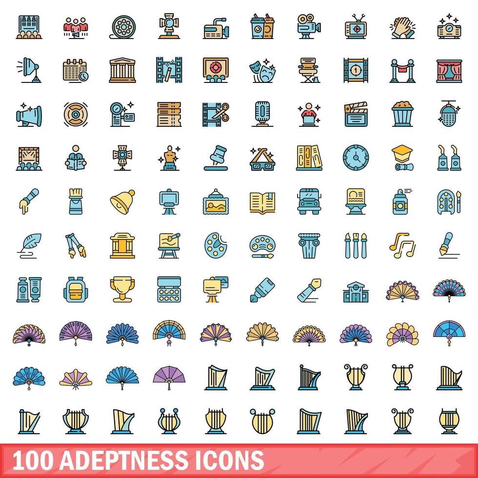 100 adeptness icons set, color line style vector