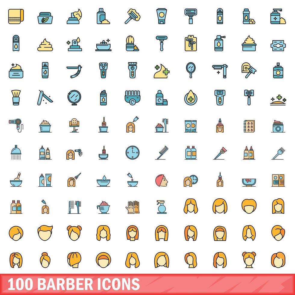 100 barber icons set, color line style vector