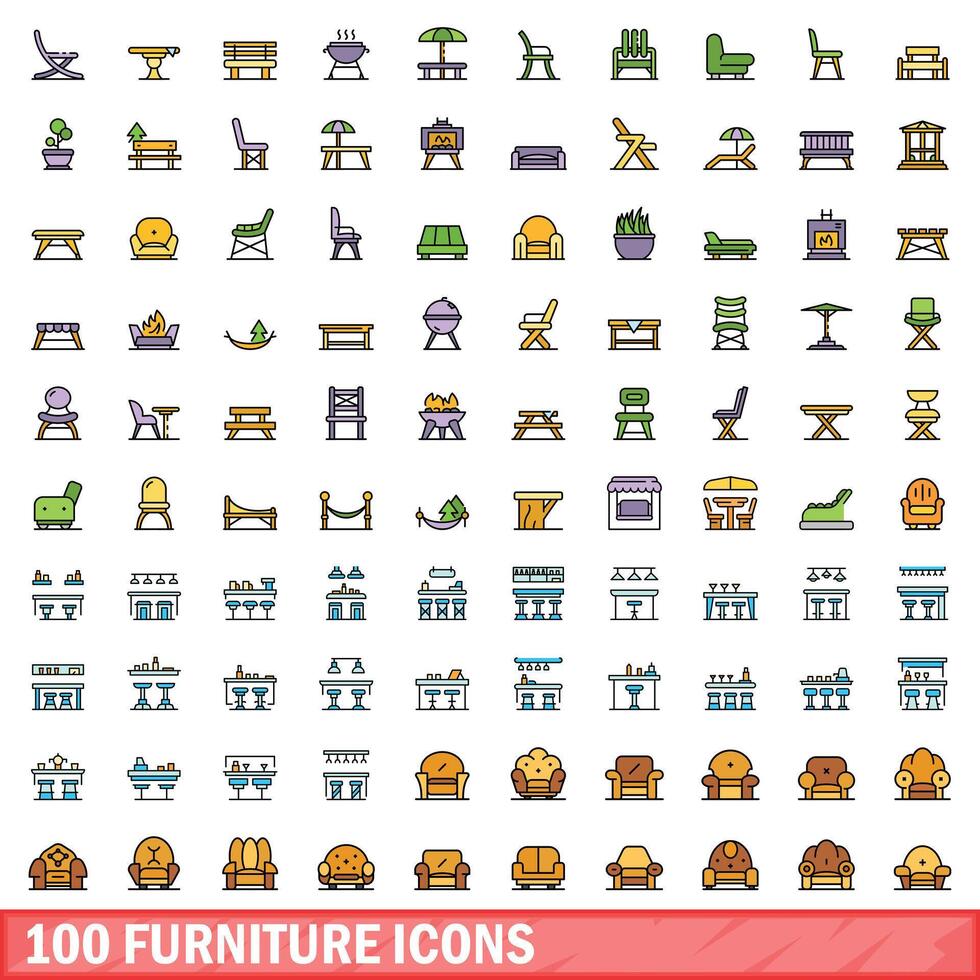 100 furniture icons set, color line style vector
