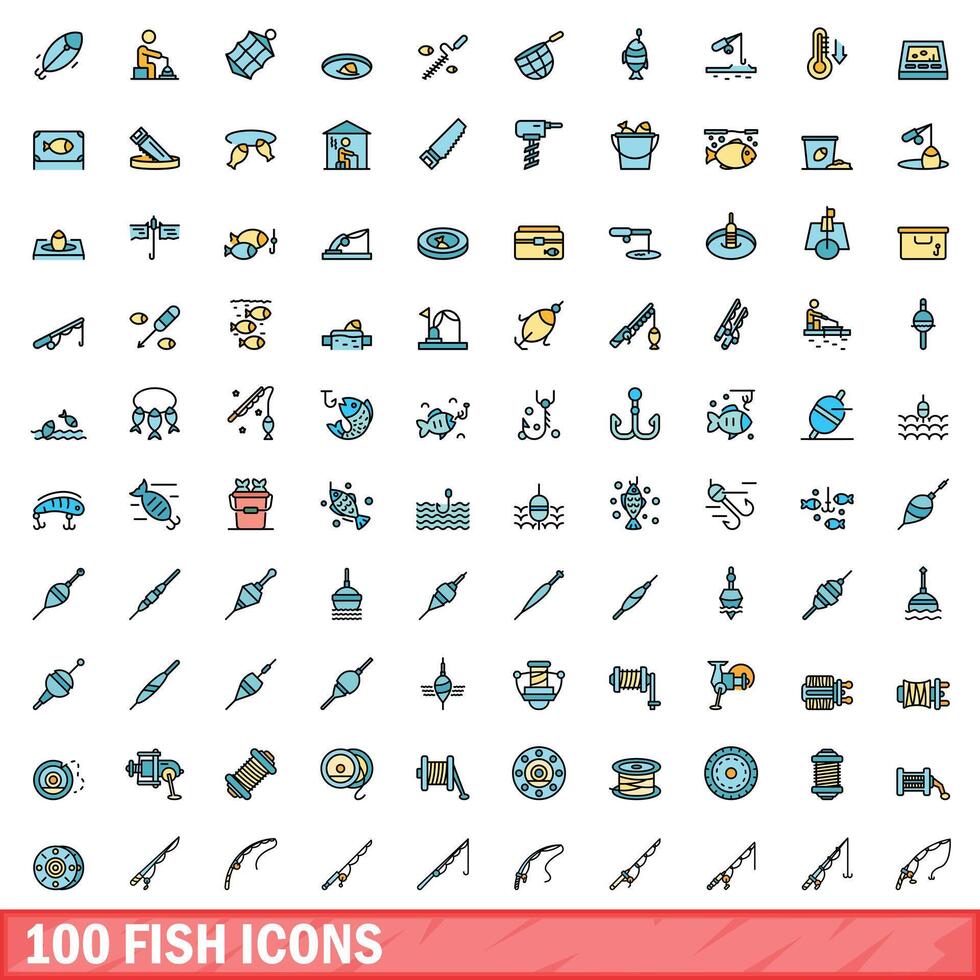 100 fish icons set, color line style vector