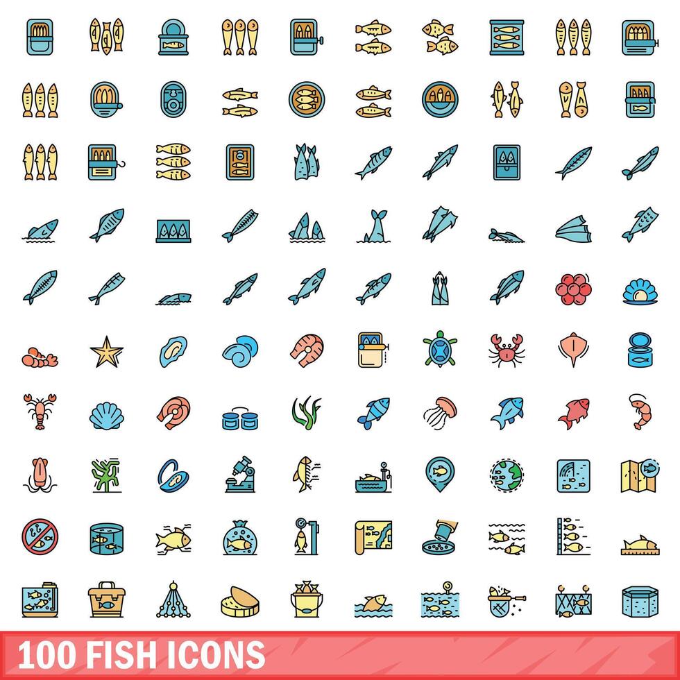 100 fish icons set, color line style vector