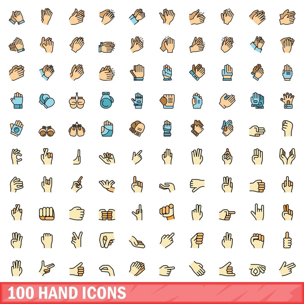 100 hand icons set, color line style vector