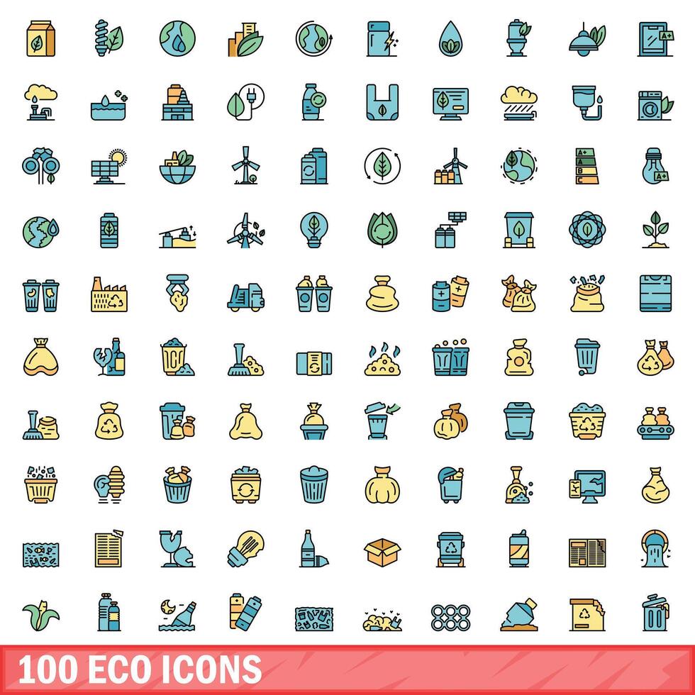 100 eco icons set, color line style vector