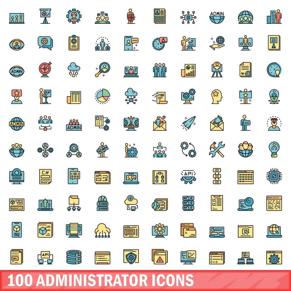 100 administrator icons set, color line style vector