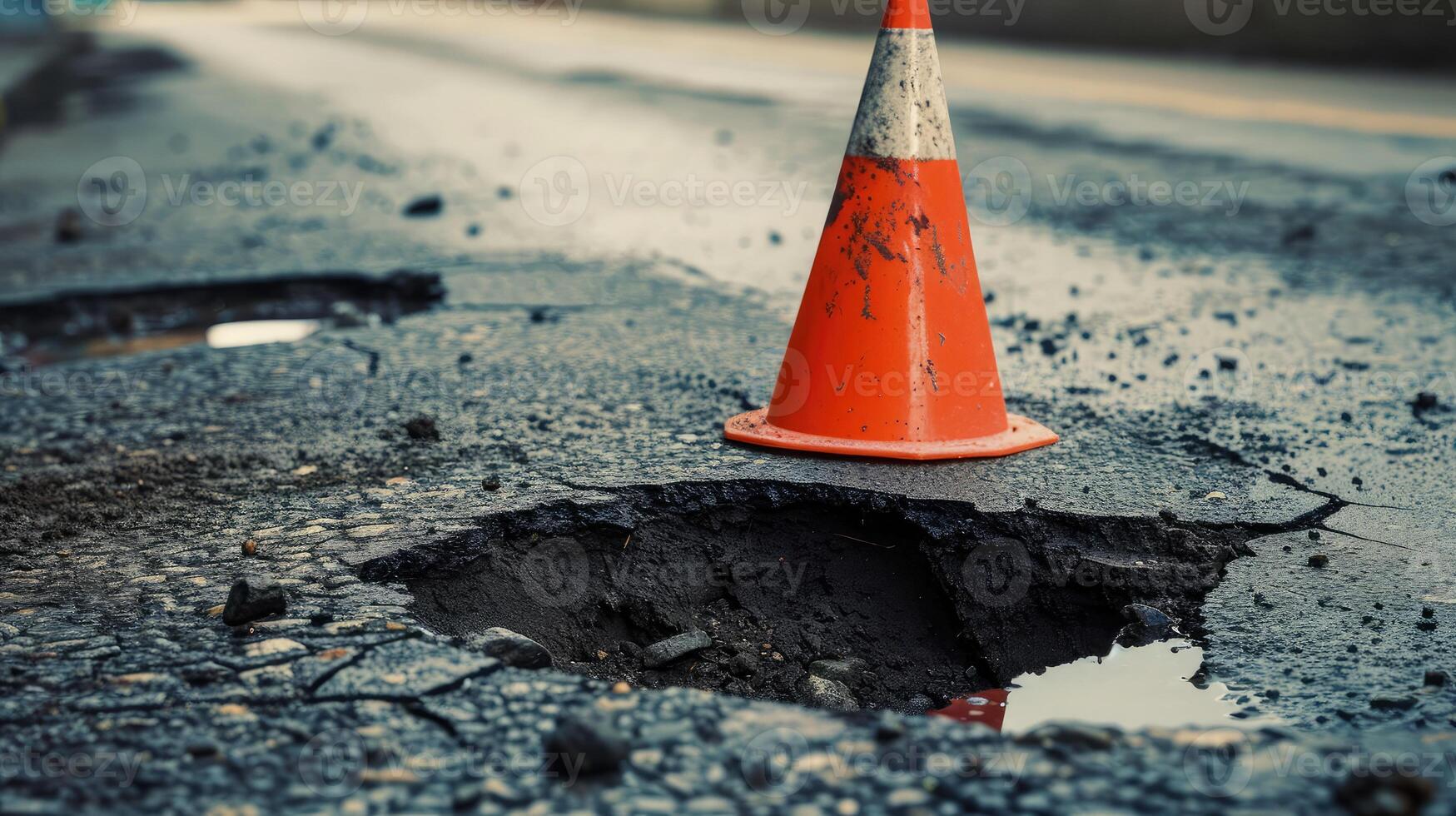 AI generated Deep sinkhole on a street city and orange traffic cone. Dangerous hole in the asphalt highway. Road with cracks. Bad construction. Damaged asphalt road collapse and fallen. photo