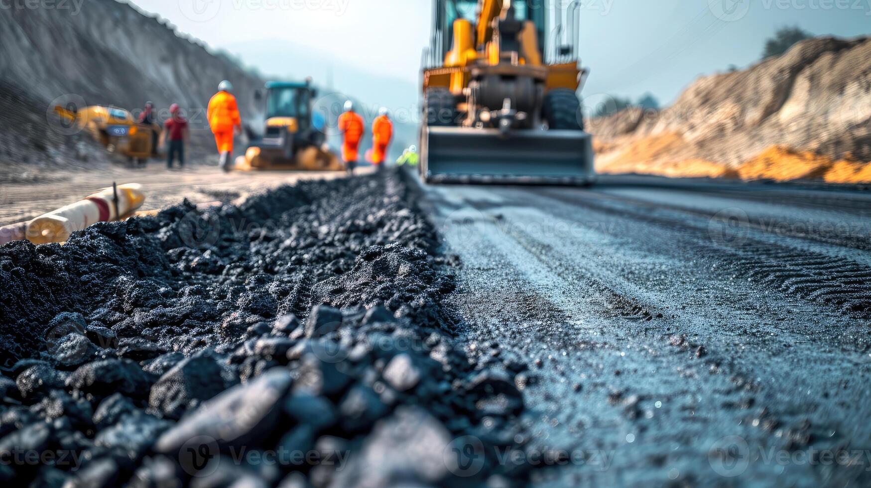 ai generado construcción sitio es tendido nuevo asfalto acera, la carretera construcción trabajadores y la carretera construcción maquinaria escena. autopista construcción sitio escena. foto