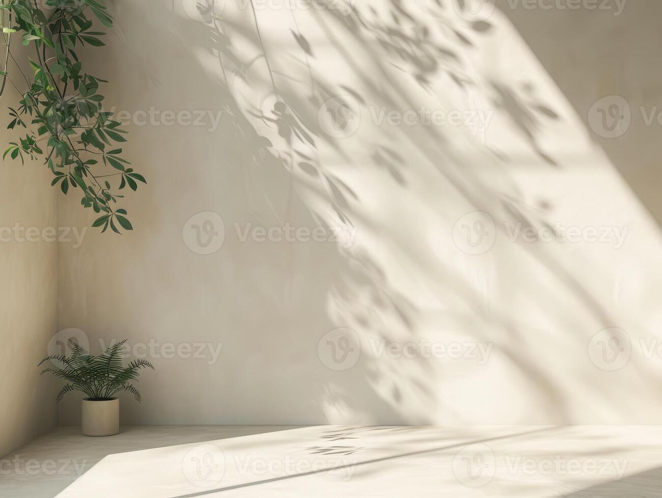 AI generated Minimalistic abstract gentle light beige background for product presentation with light andand intricate shadow from the window and vegetation on wall. photo