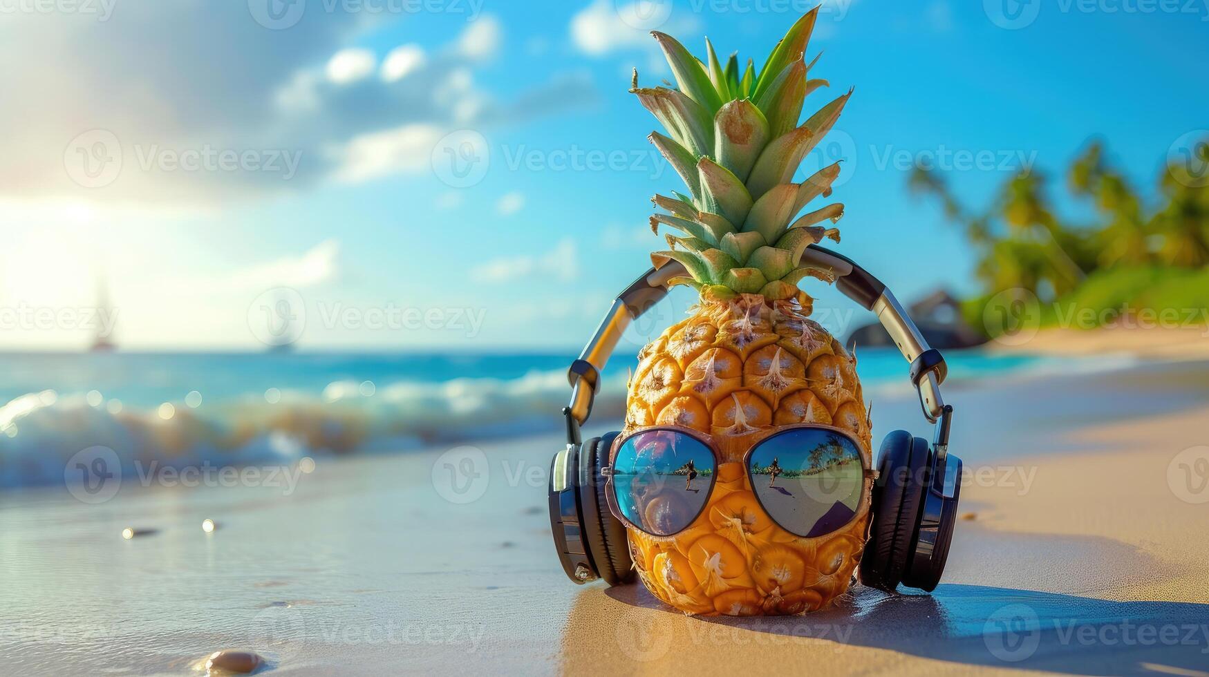 AI generated PinePineapple with sunglasses and headphones at tropical beach - Holiday Vacation Concept photo