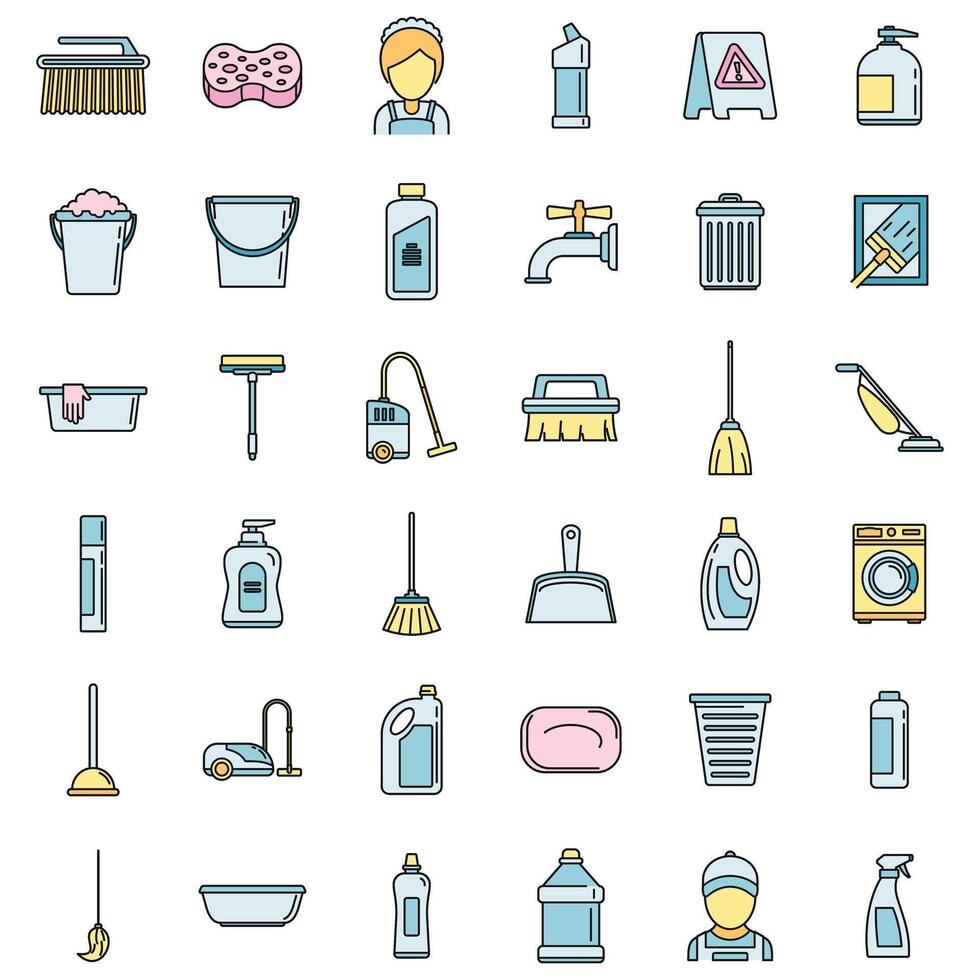 Cleaning services equipment icons set vector color line