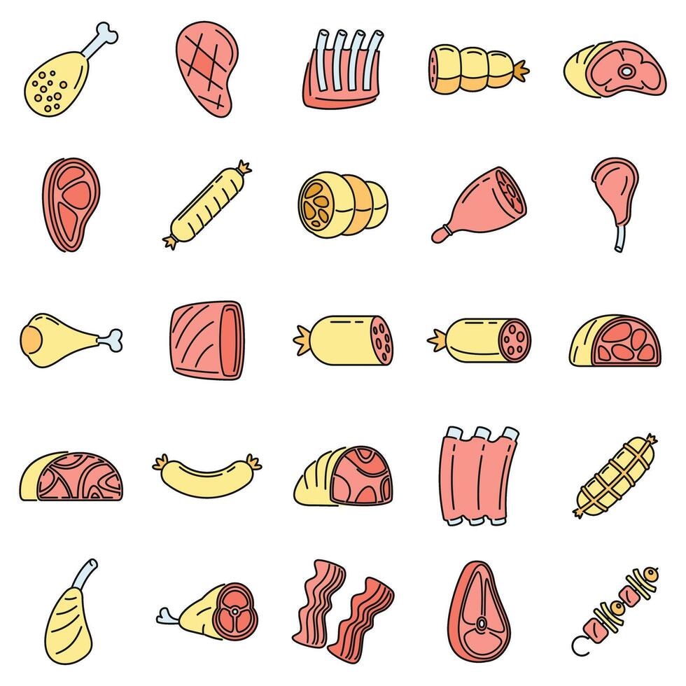 Raw meat icons set vector color line