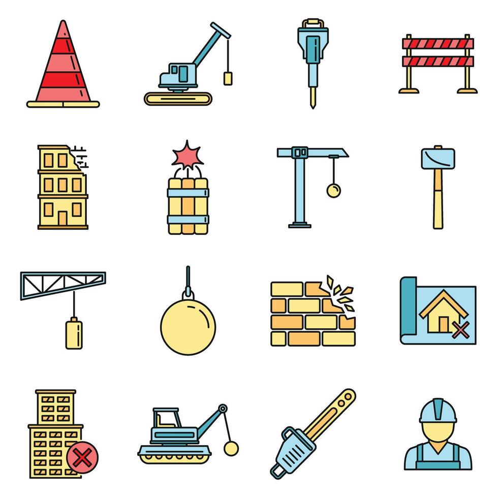 City demolition work icons set vector color line