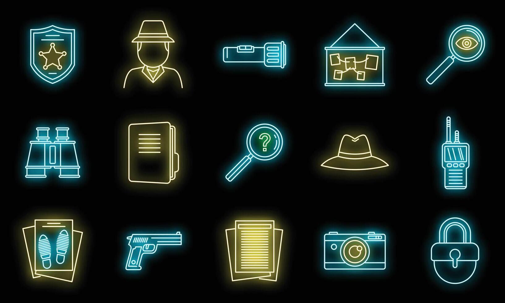 Police investigator icons set vector neon