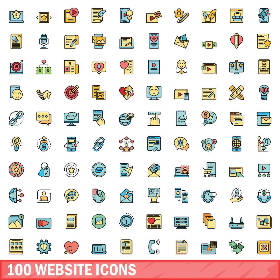 100 website icons set, color line style vector