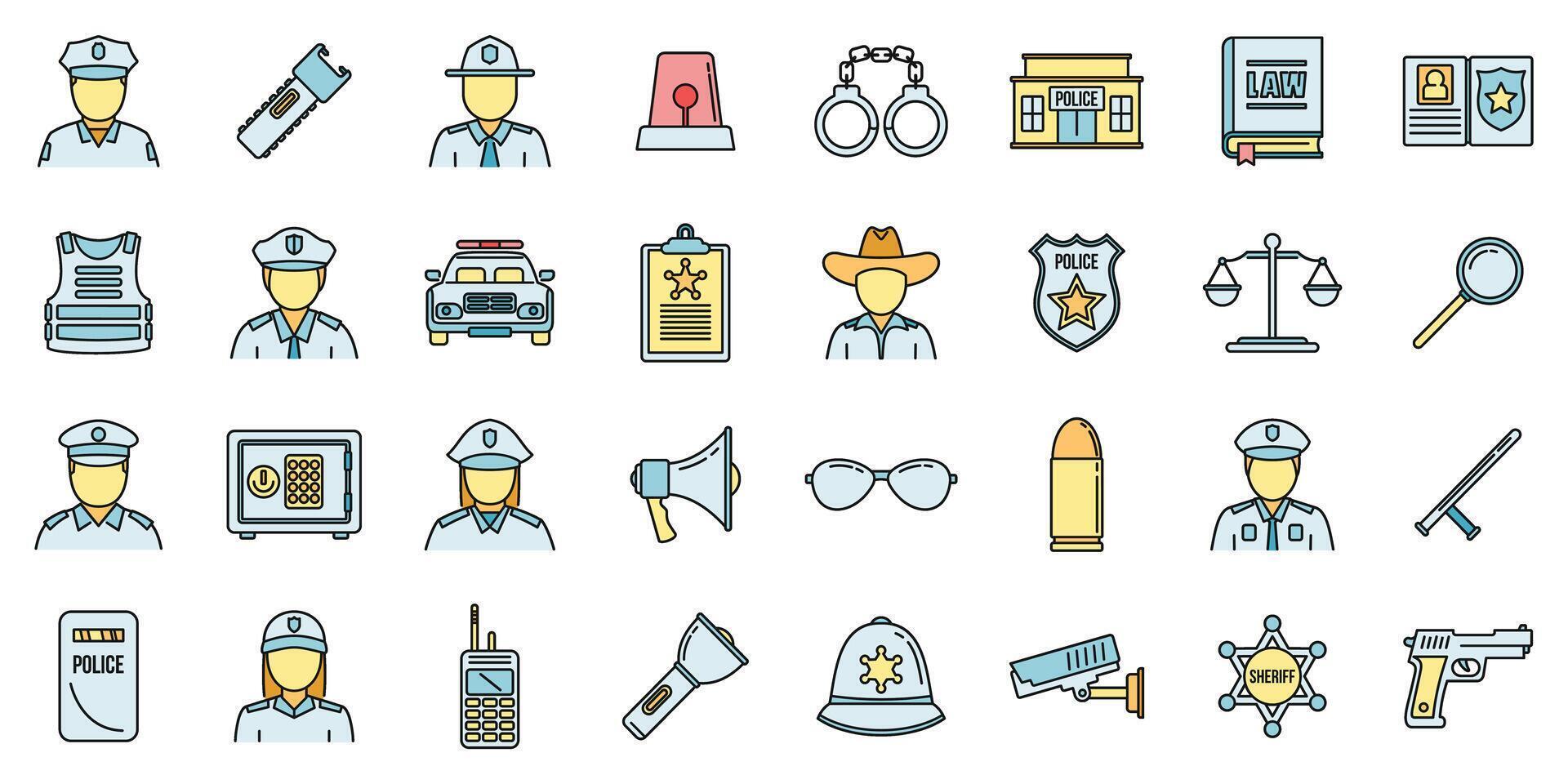 Guard policeman icons set vector color line