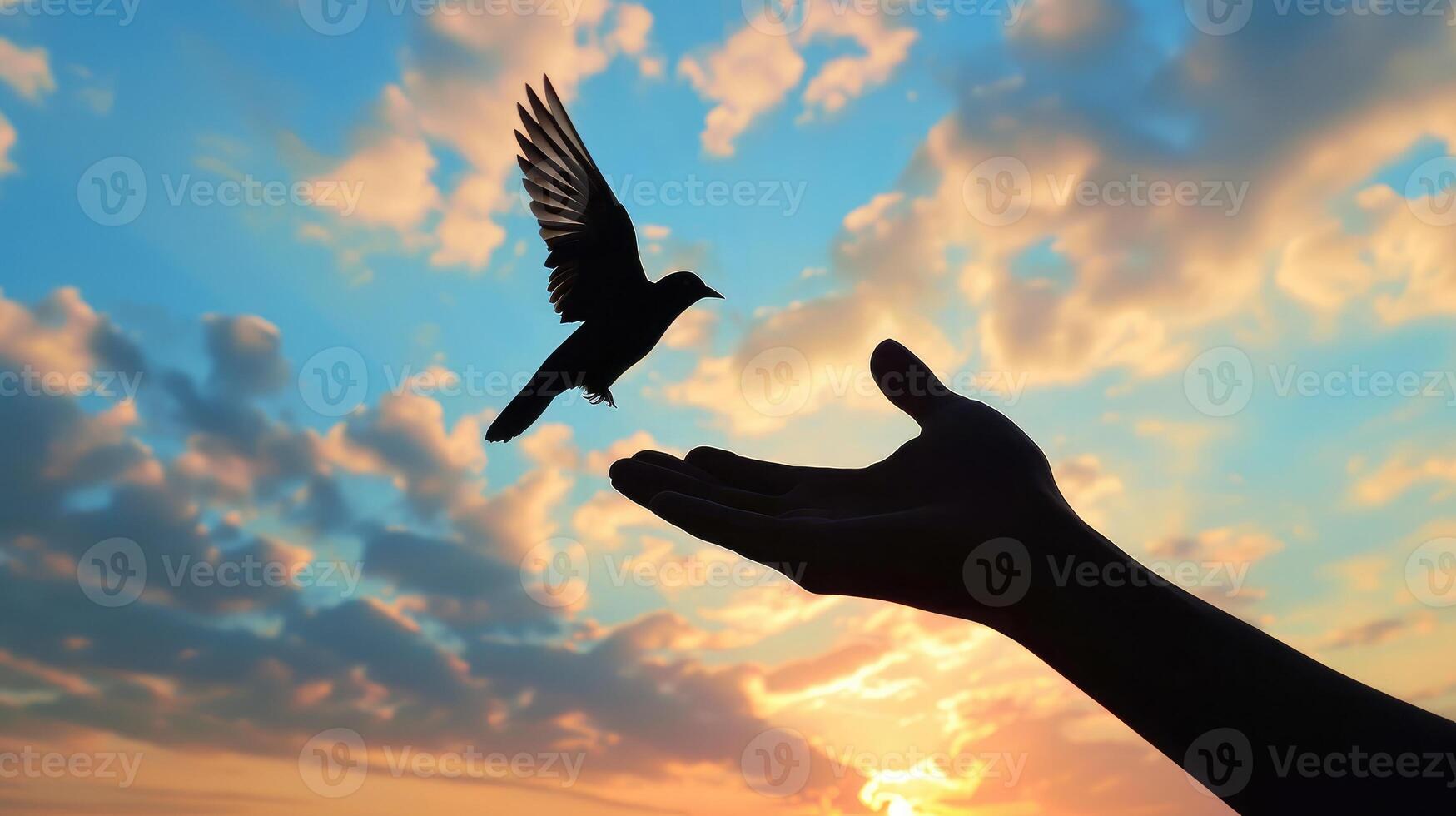 ai generado silueta mano y pájaro volador en hermosa cielo foto