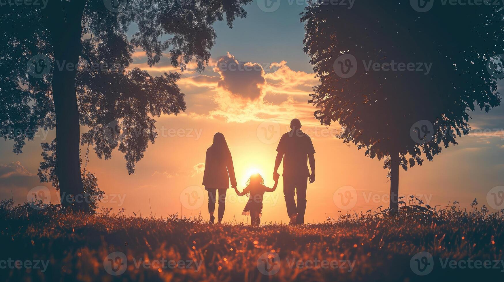 AI generated people in the park. happy family walking silhouette at sunset. mom dad and daughters walk holding hands in park. happy family childhood dream concept. photo