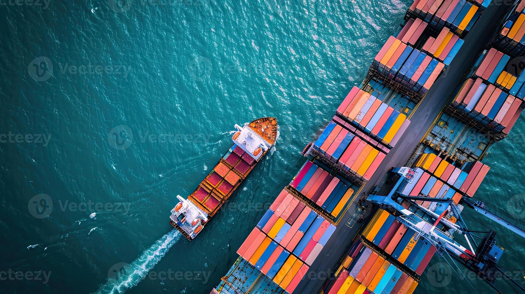 AI generated Aerial top view container cargo ship in import export business commercial trade logistic and transportation of international by container cargo ship in the open sea photo