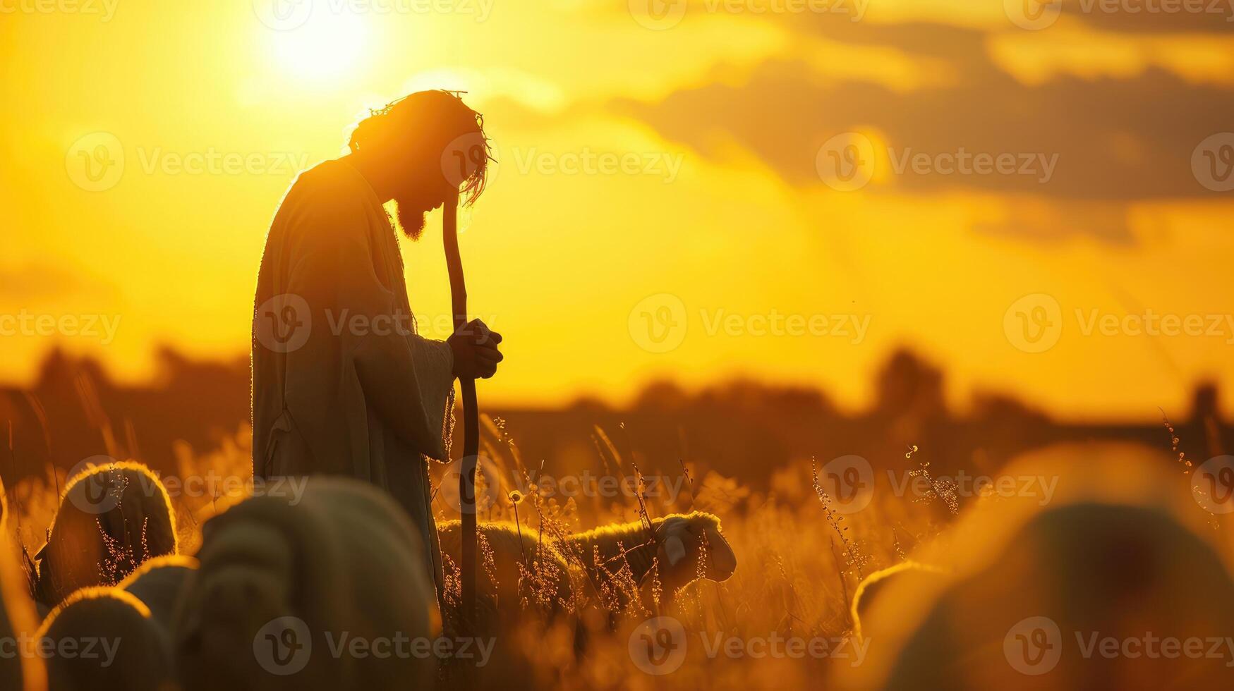 AI generated Shepherd Jesus Christ leading the flock and praying to Jehovah God and bright light sun and Jesus silhouette background in the field photo