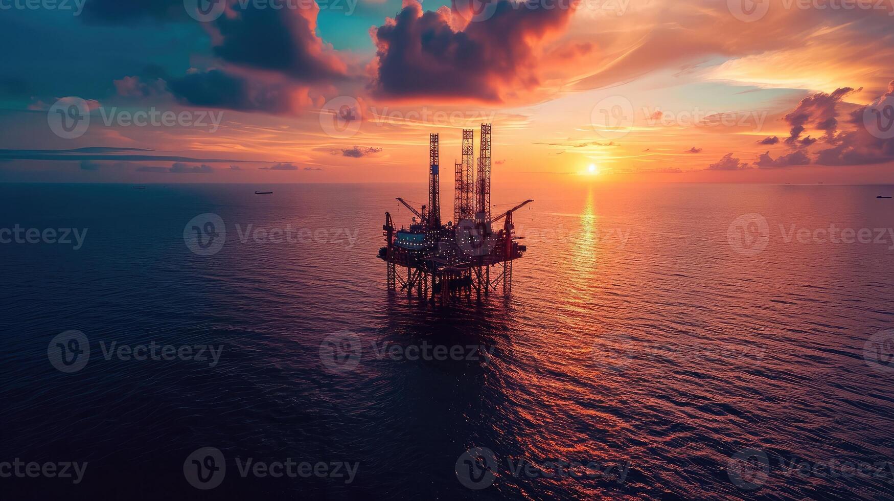 AI generated Aerial view offshore drilling rig  at the offshore location during sunset photo