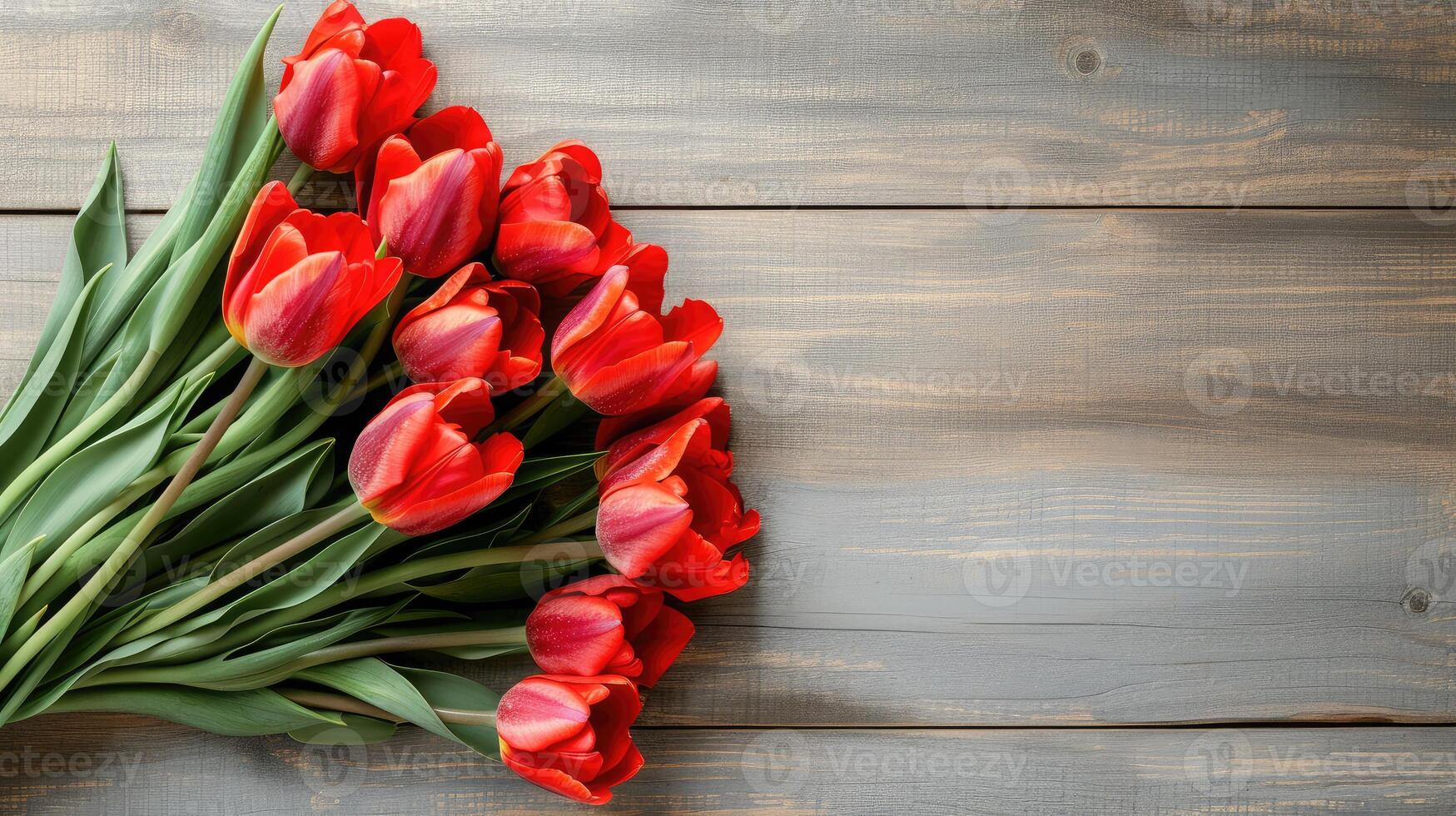 AI generated Bouquet of red tulips on a wooden background. Spring flowers. Mother's Day background. photo