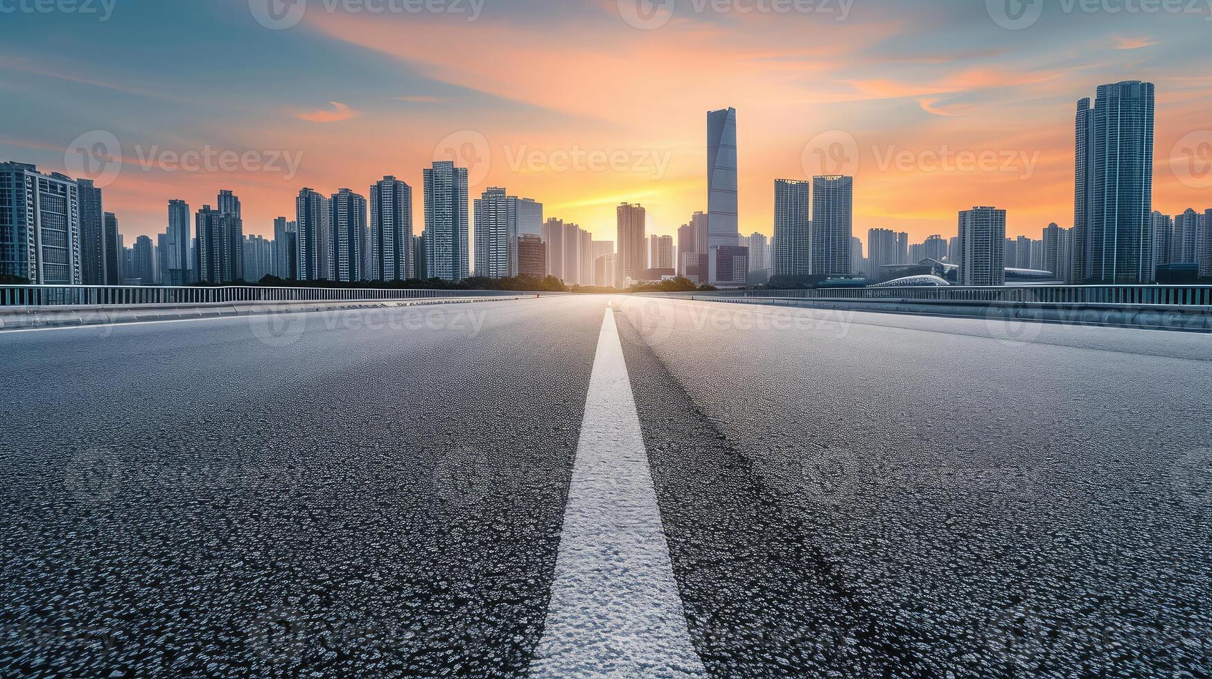 ai generado vacío asfalto la carretera y moderno ciudad horizonte con edificio paisaje a puesta de sol. alto ángulo vista. foto