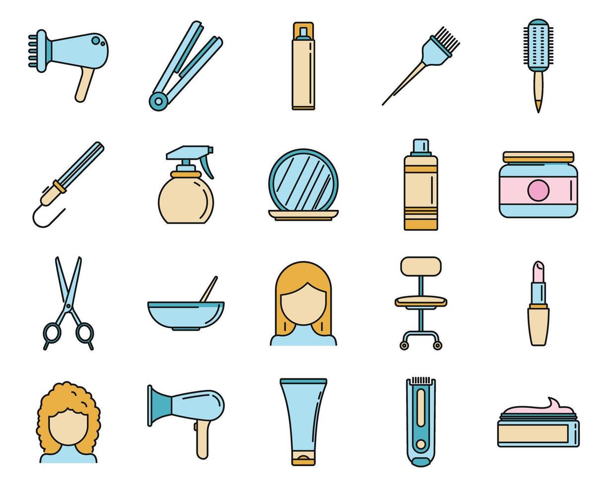 Hair stylist icons set vector color line