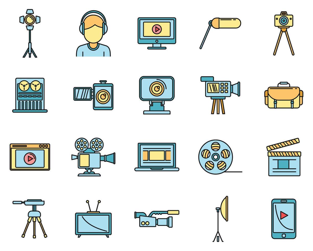 Video cameraman icons set vector color line