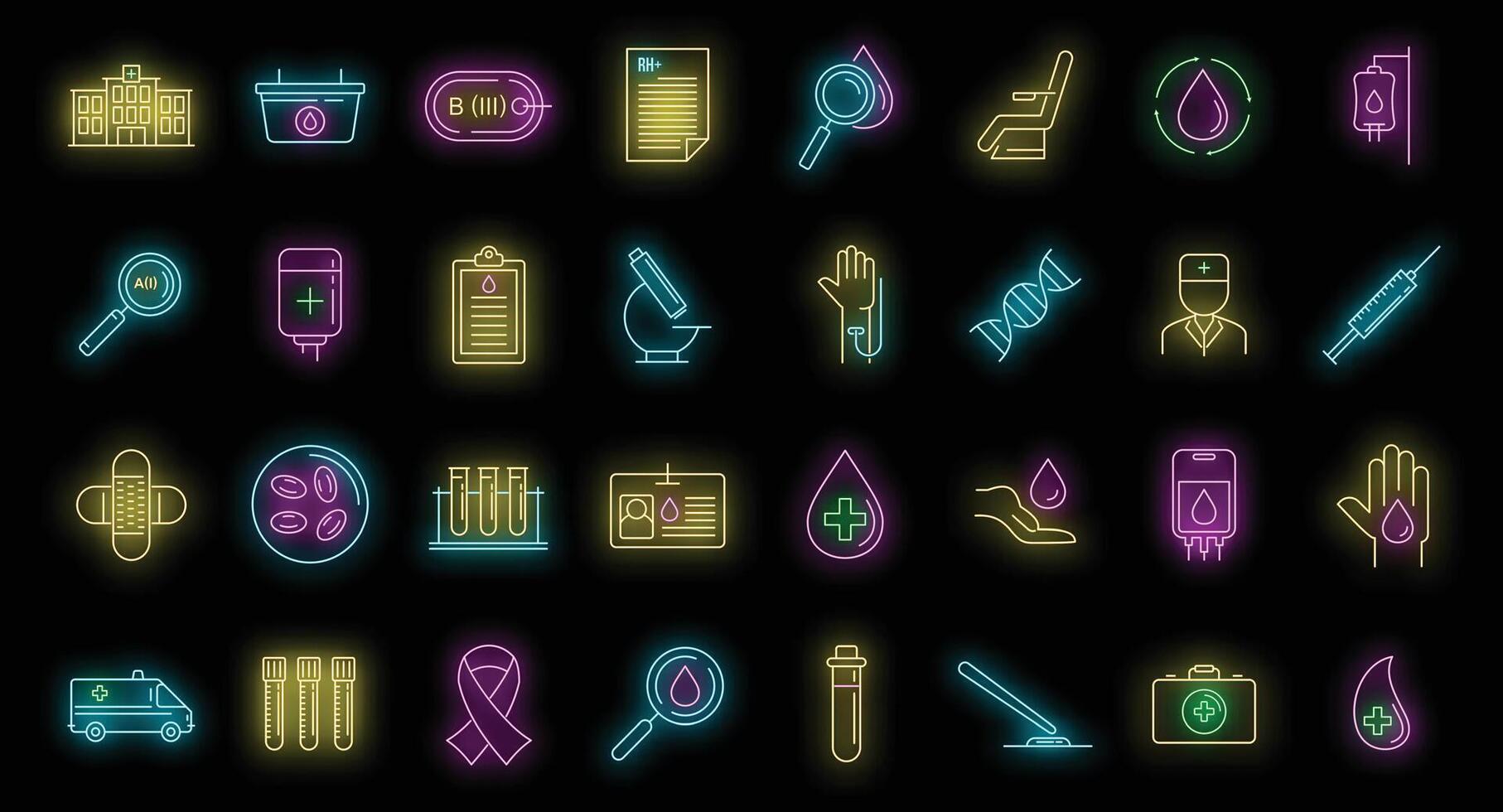 Blood donation icons set vector neon