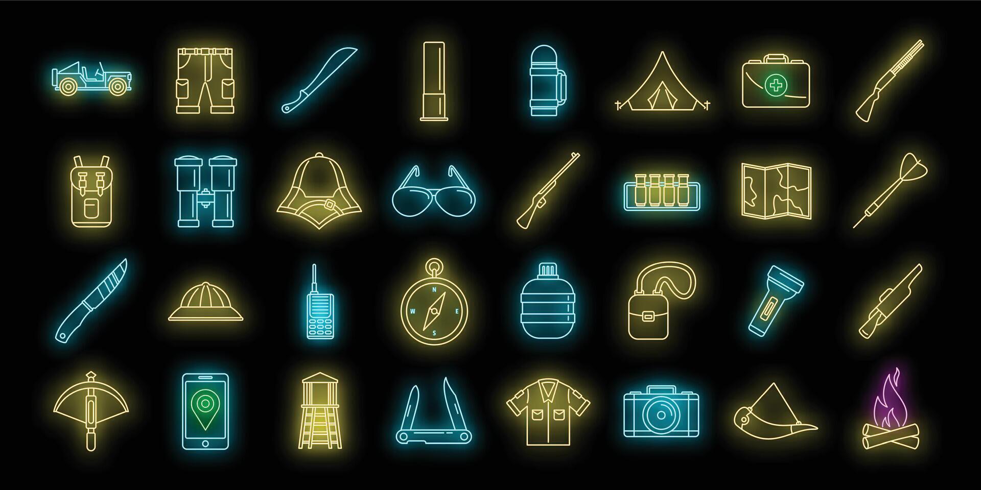 Hunting safari equipment icons set vector neon