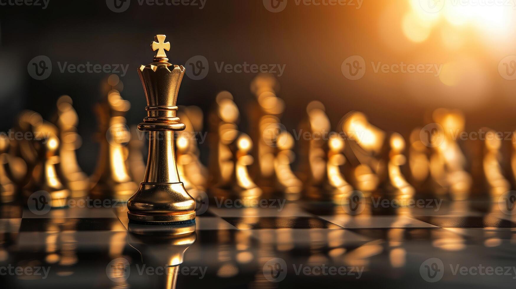 AI generated Golden king chess stand in front of others chess pieces. Leadership business teamwork and marketing strategy planing concept. photo