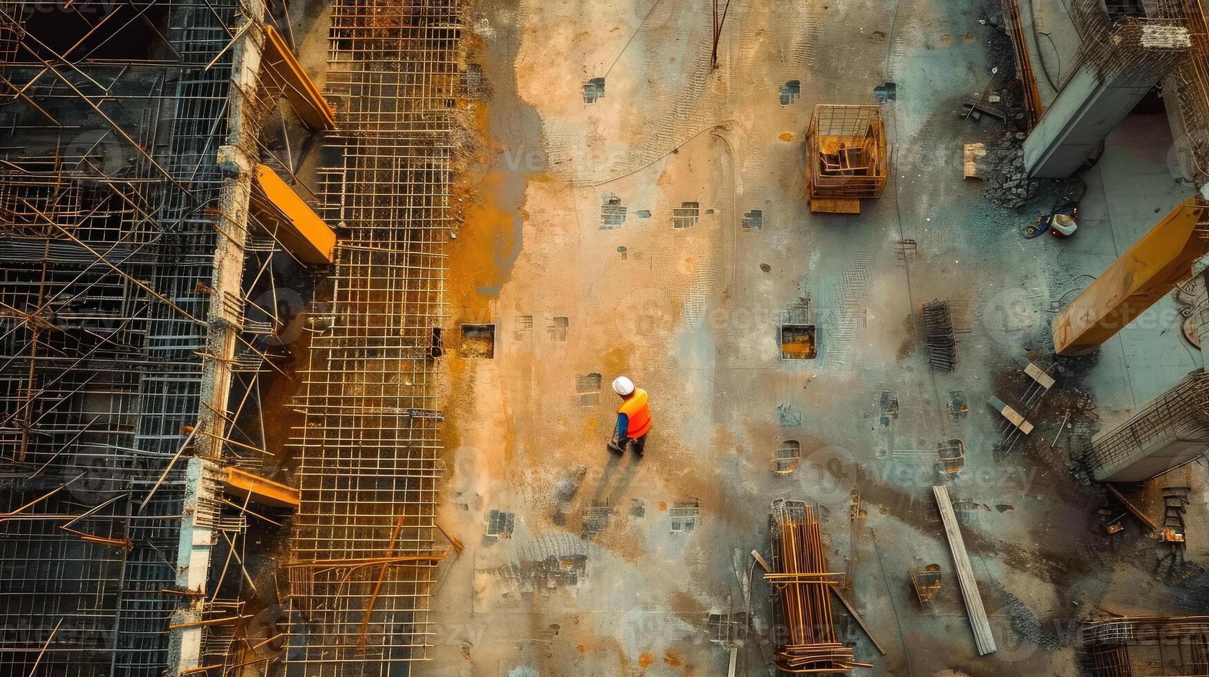 ai generado aéreo ver de construcción trabajador en construcción sitio foto