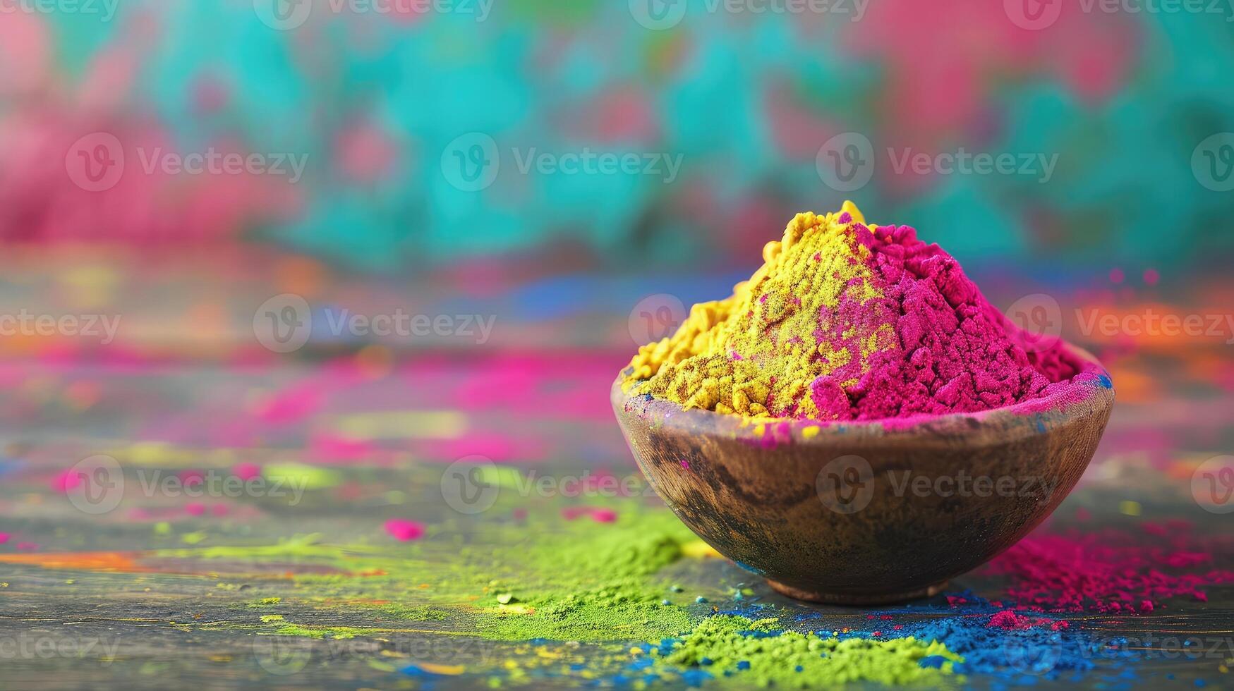 ai generado vistoso holi polvo en cuenco en de madera mesa de cerca en el mesa contento holi festival de colores Arte foto