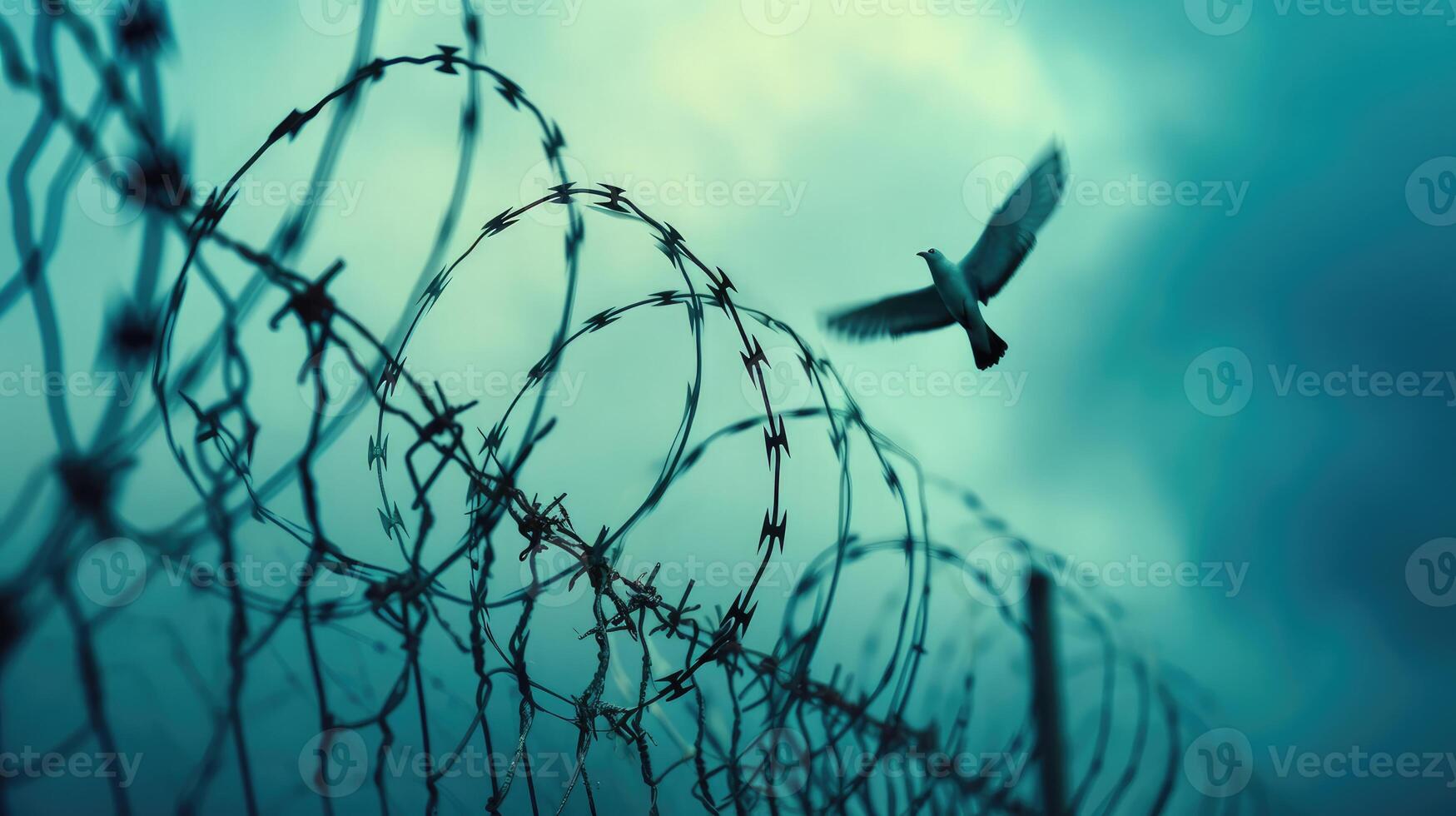 AI generated Abstract Barrier wire fence refugee Twilight sky. photo