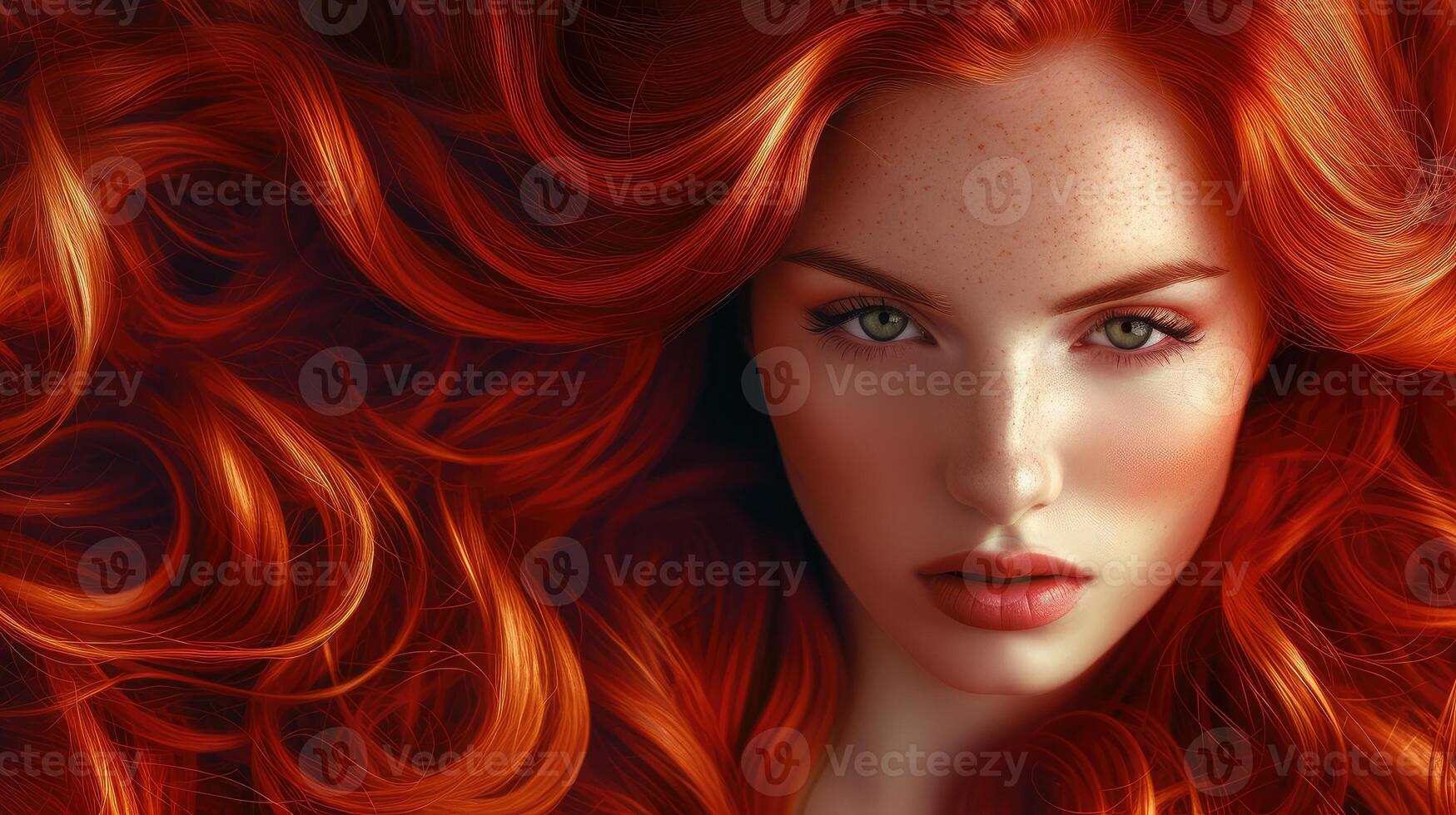 ai generado belleza pelirrojo niña con largo y brillante ondulado rojo pelo . hermosa mujer modelo con Rizado peinado . foto