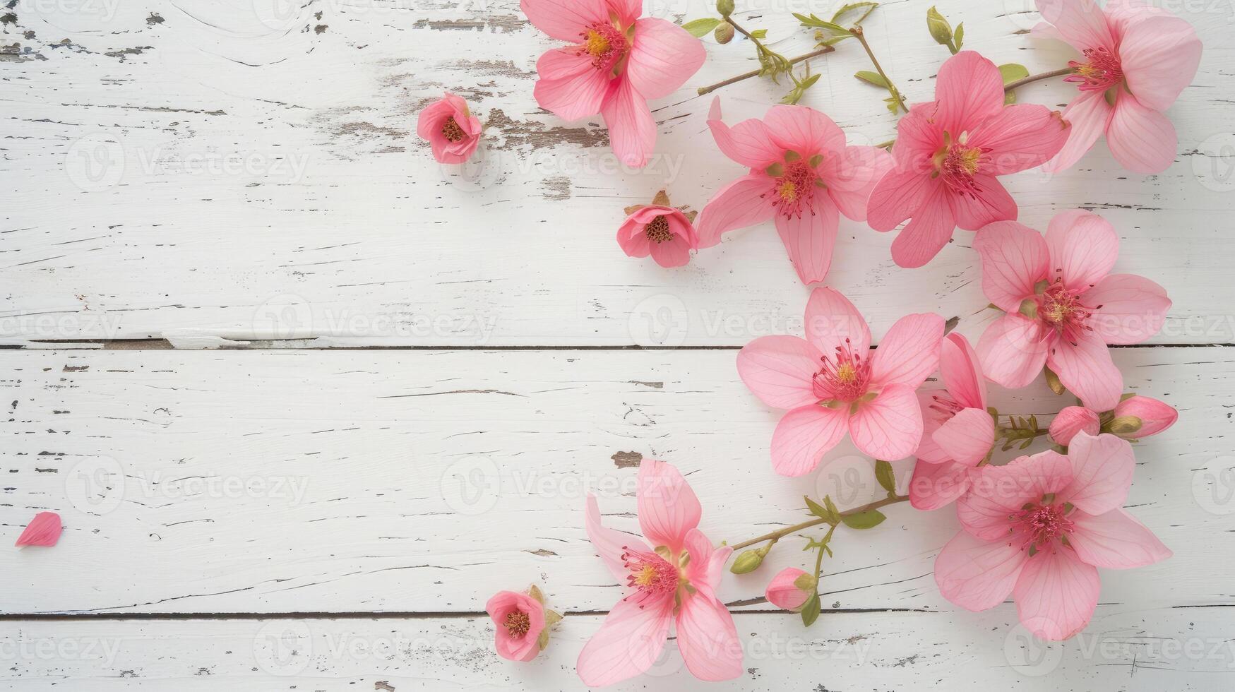 AI generated Flowers composition for Valentine's, Mother's or Women's Day. Pink flowers on old white wooden background. Still-life. photo