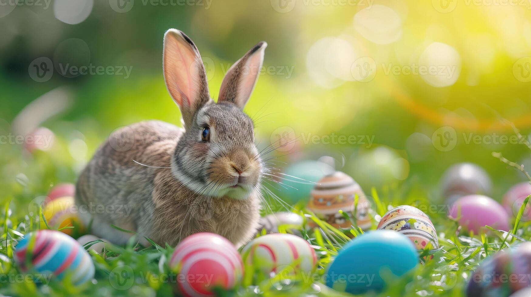 ai generado contento conejito con muchos Pascua de Resurrección huevos en césped festivo antecedentes foto