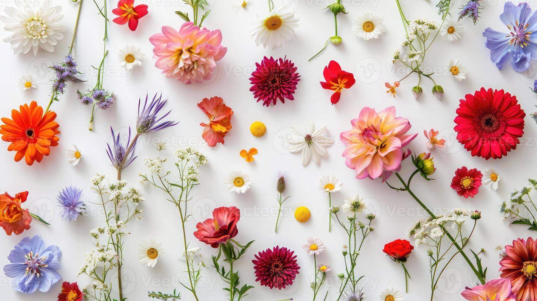 AI generated Composition of beautiful flowers on a white background photo