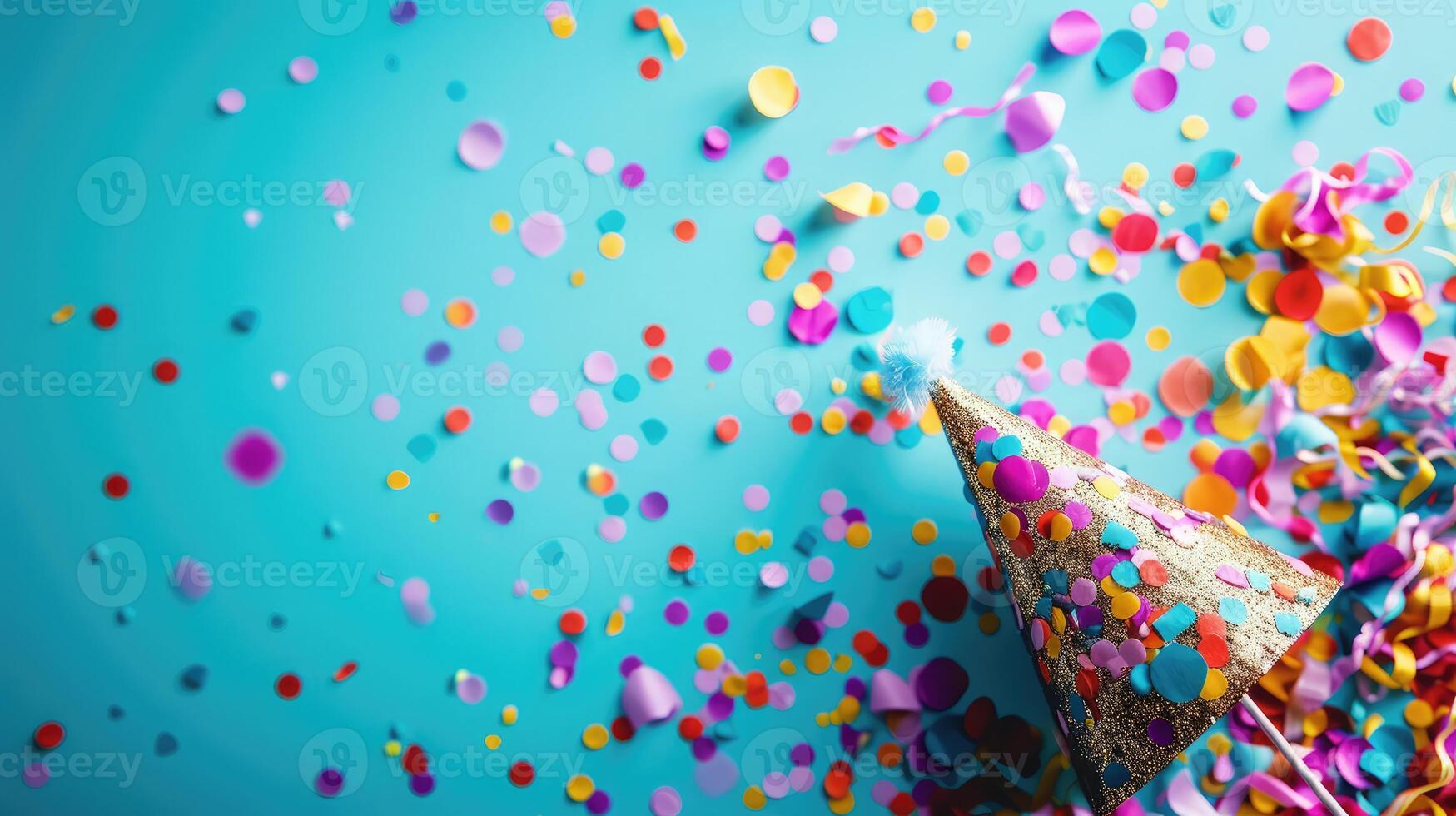 AI generated Colored confetti and party hat on blue background photo