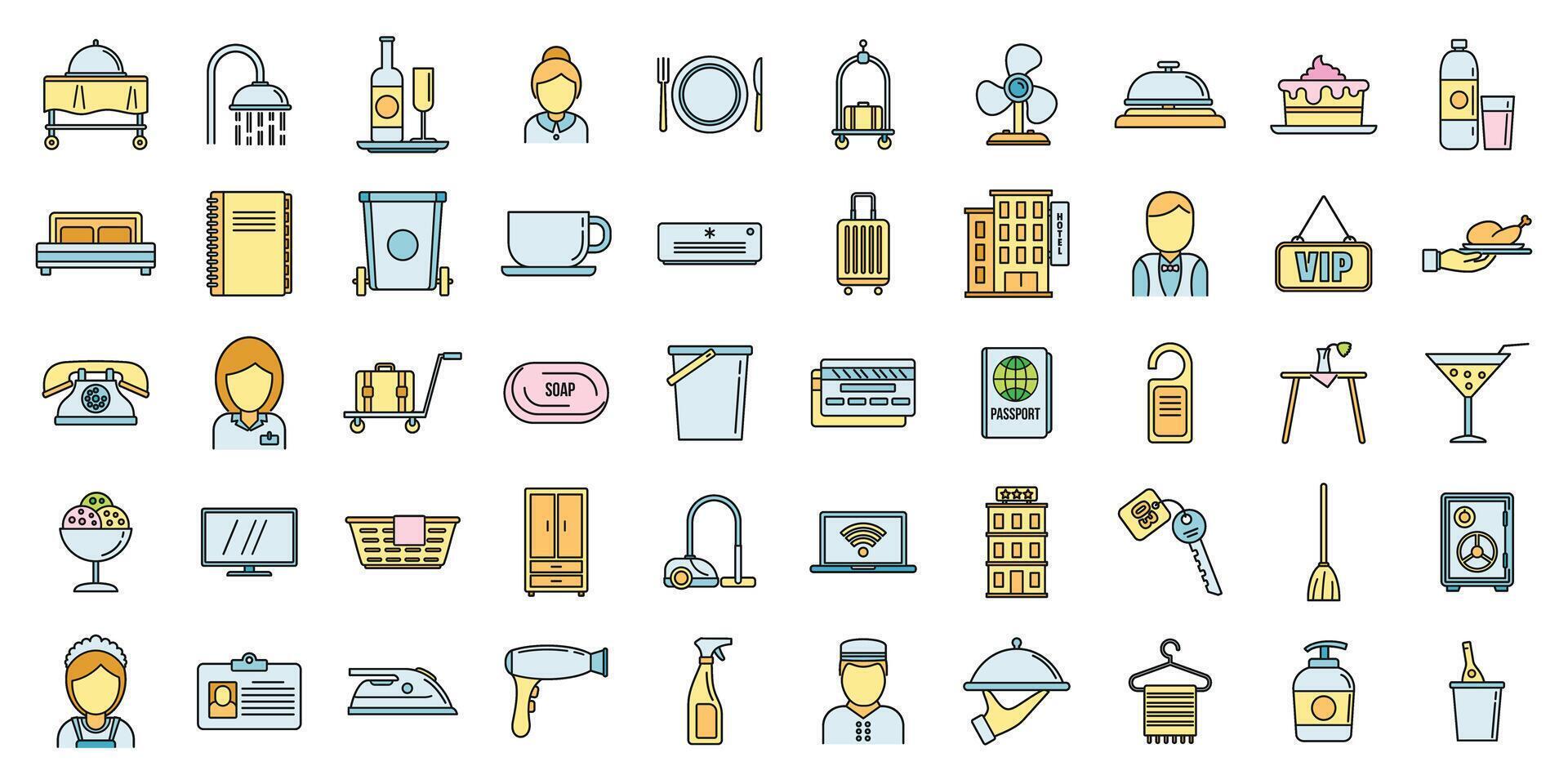 Tourism room service icons set vector color line