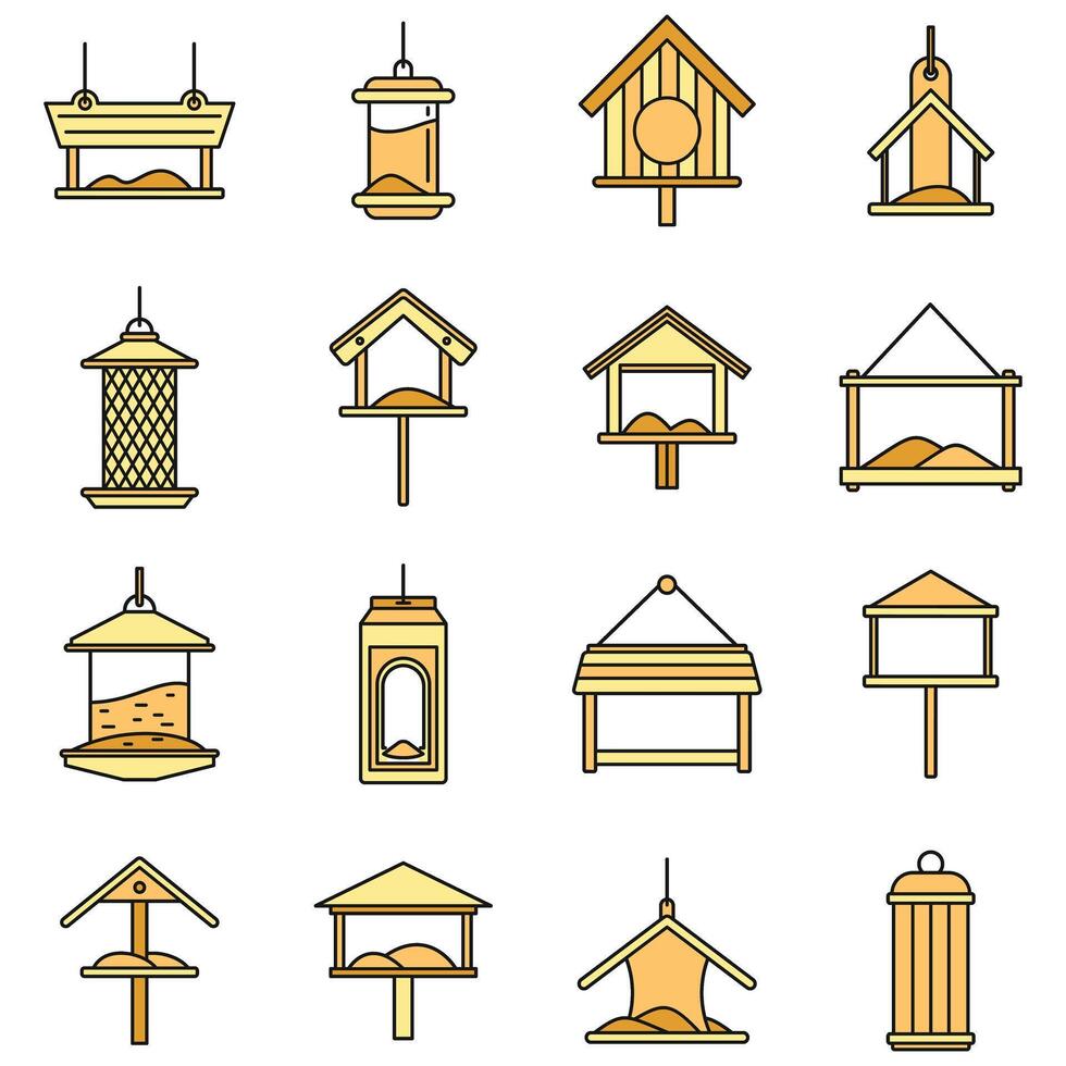 City bird feeders icons set vector color line