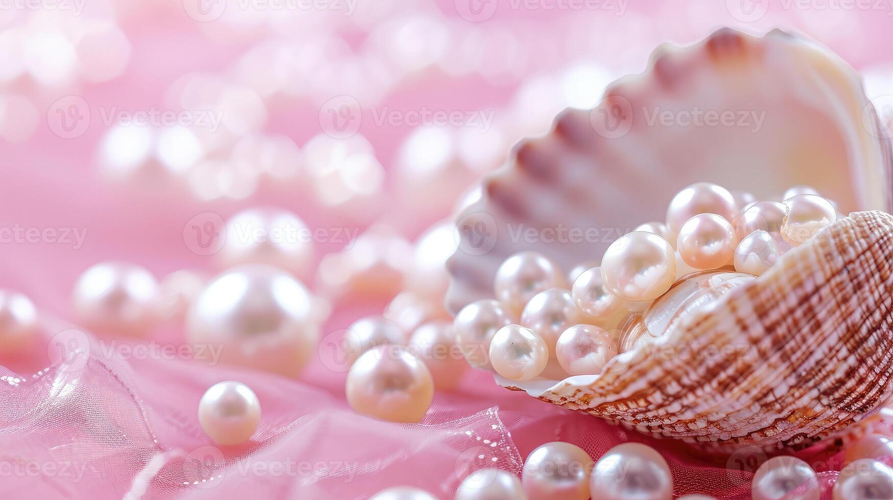 AI generated Beautiful seashell full of shiny pearls on pink background. Concept of value of sea shell pearl and fortune. Symbol of wealthy life photo