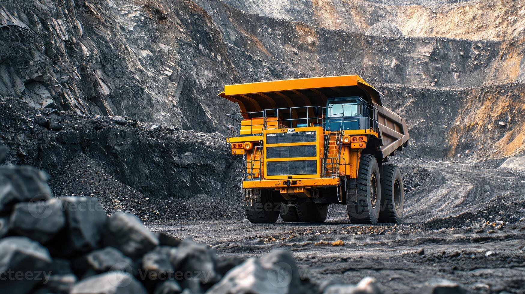 ai generado abierto pozo mía industria, grande amarillo minería camión para carbón antracita foto