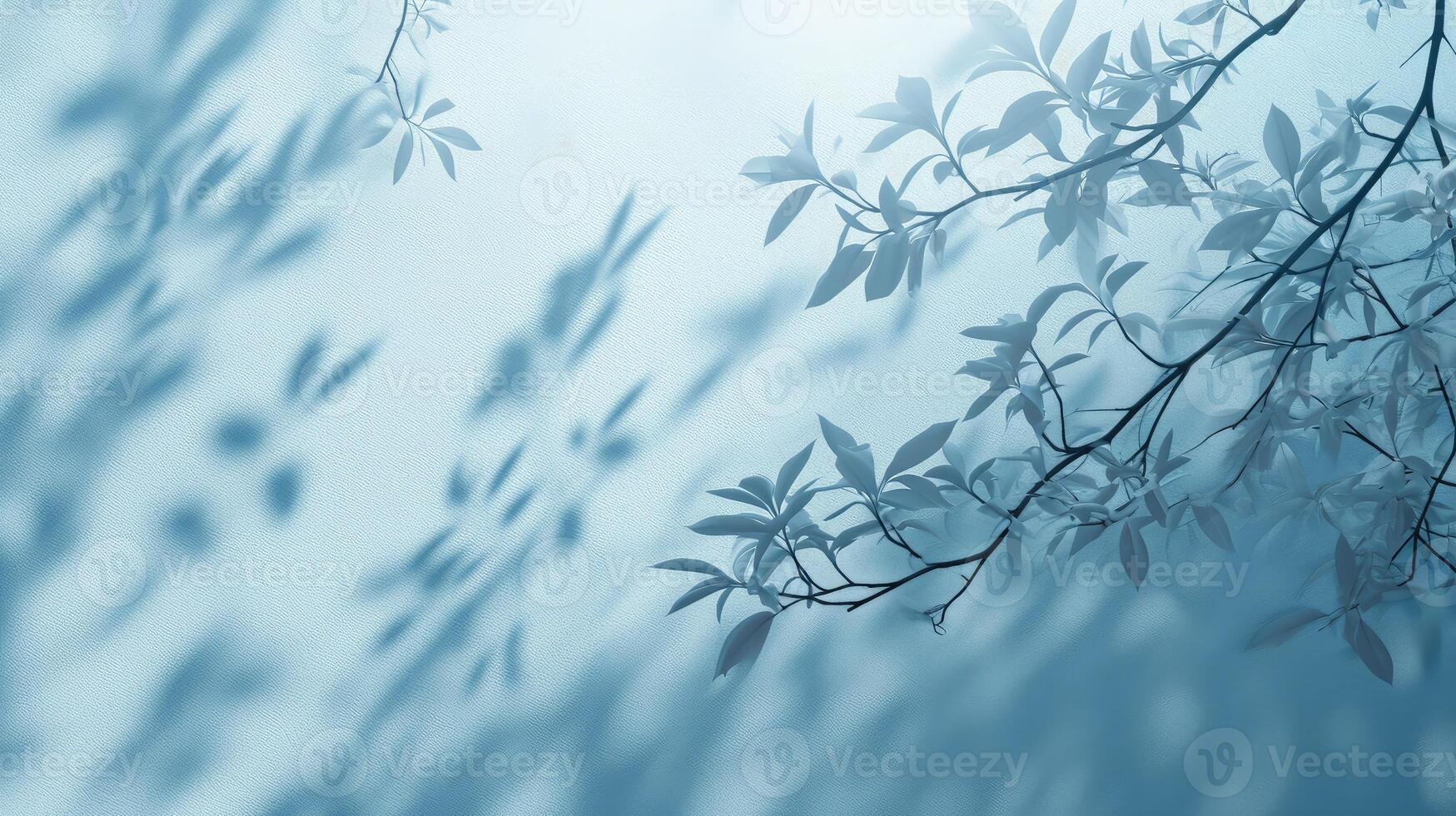 AI generated Minimalistic abstract gentle light blue background for product presentation with light and intricate shadow from tree branches on wall. photo