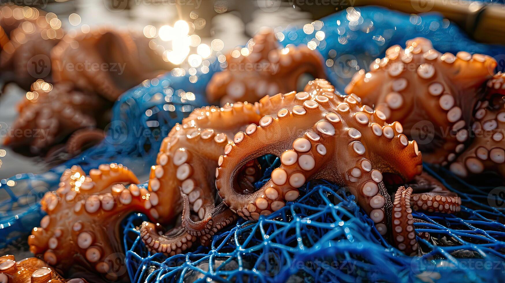 AI generated many brown octopus was brought to the sun on the blue net placed on bamboo photo