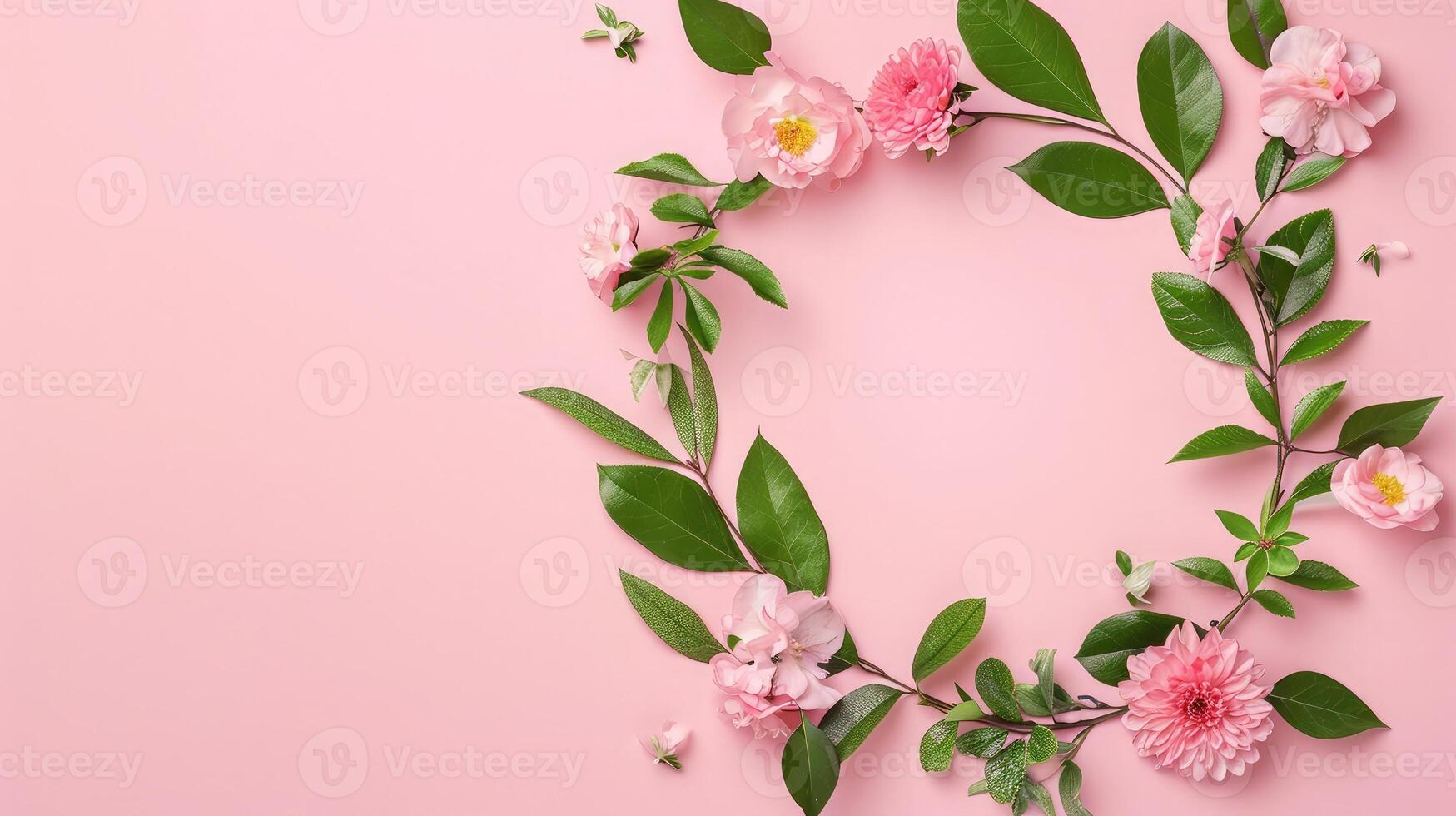 AI generated Wreath made of beautiful flowers and green leaves on pale pink background, flat lay. Space for text photo