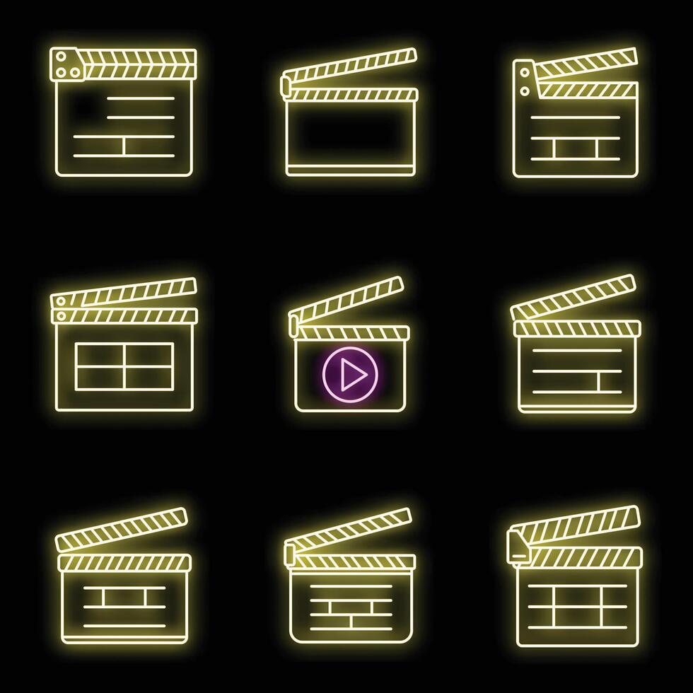 Cinema clapper icons set vector neon